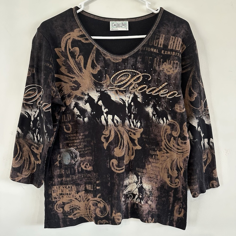 Womens Cactus Bay Top Large Black Rodeo Horse Embellished Rhinestone Bling